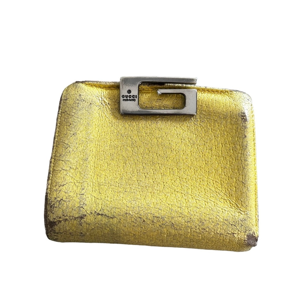 Gucci G Logo Neon Yellow Leather Gray Lock Compact Wallet